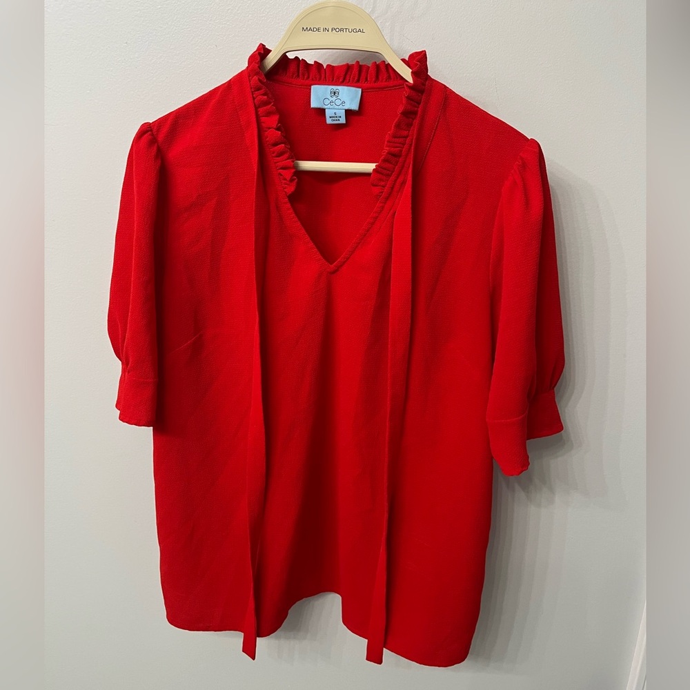 CeCe Short Sleeve Ruffle Bow Blouse - Cherry Rose